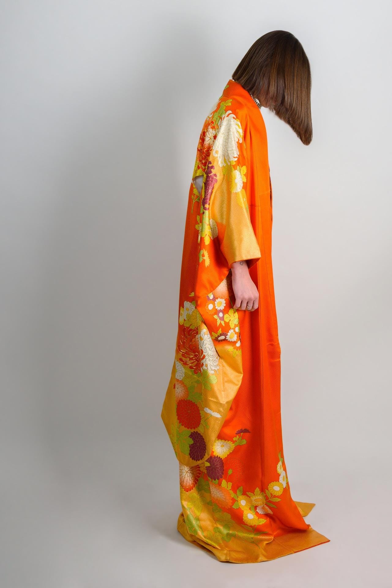 Silk Kimono Robe: Embroidered Chrysanthemums, Handmade Japanese Style