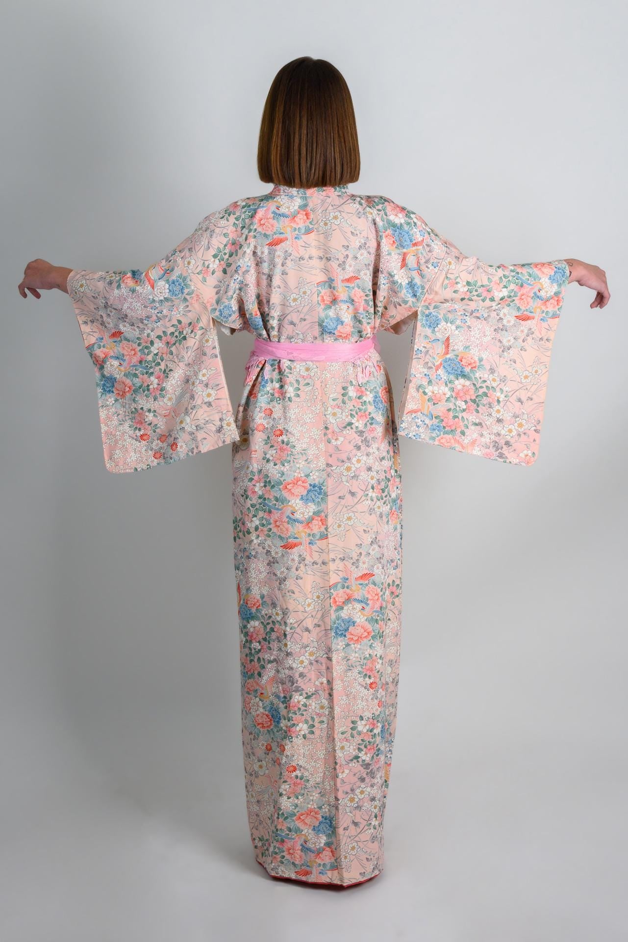 Handmade Silk Kimono | Peach Blossom Floral Japanese Robe