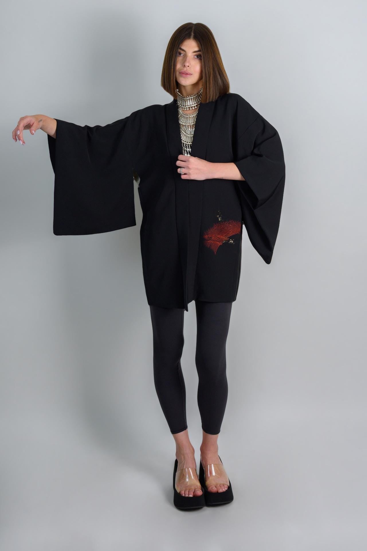 Vintage Silk Haori Kimono: Japanese Forest Print Jacket