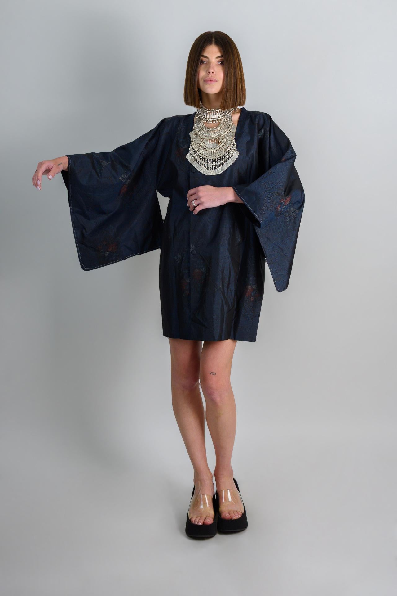 Silk Kimono Robe | Midnight Lotus Dark Boho Haori, Handmade in Japan