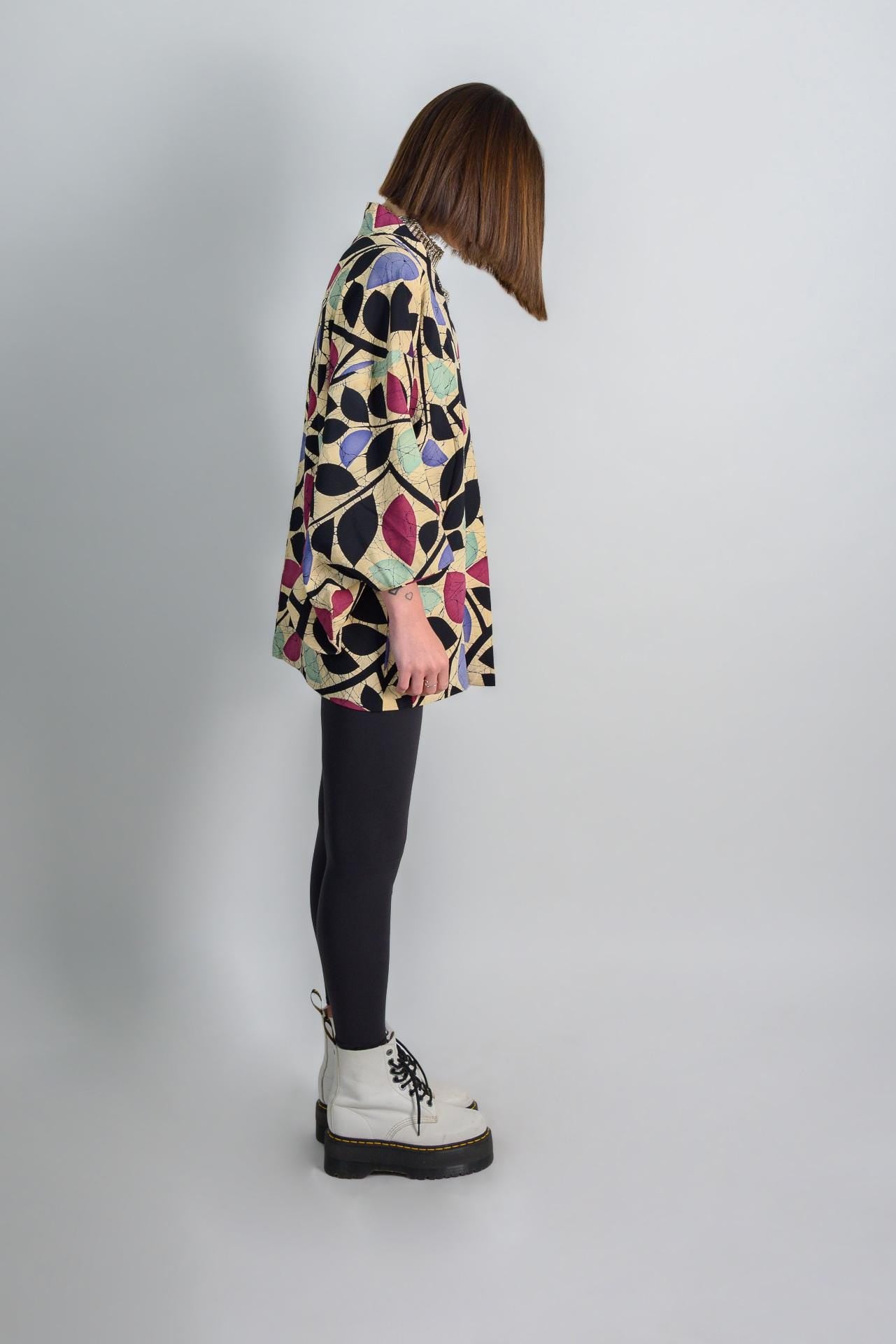 Vintage Silk Haori: Japanese Kimono Jacket, Abstract Leaf Print