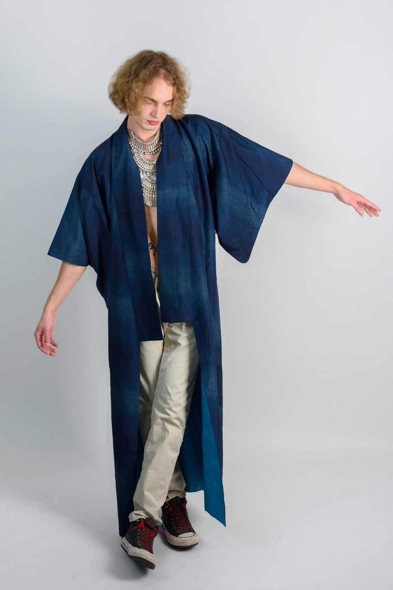Handmade Indigo Mens Kimono Robe | Japanese Boho Festival Outfit