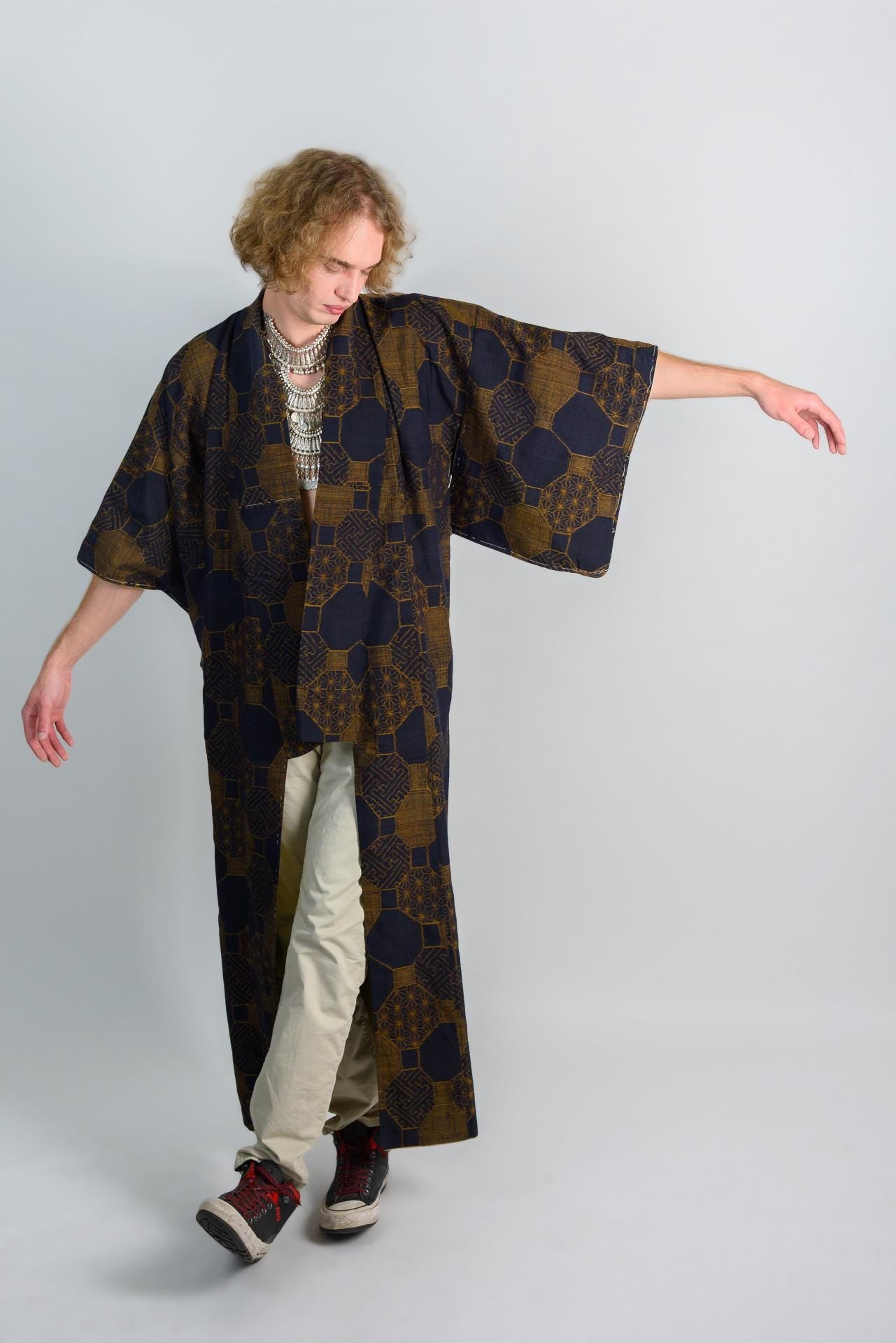 Indigo Bronze Haori Jacket | Japanese Vintage Kimono | Unisex Boho Festival Coat | Geometric Print M28