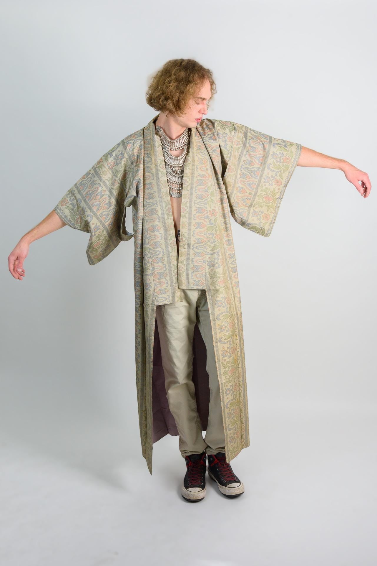 Damask Mens Kimono | Japanese Boho Robe, Earth Tones