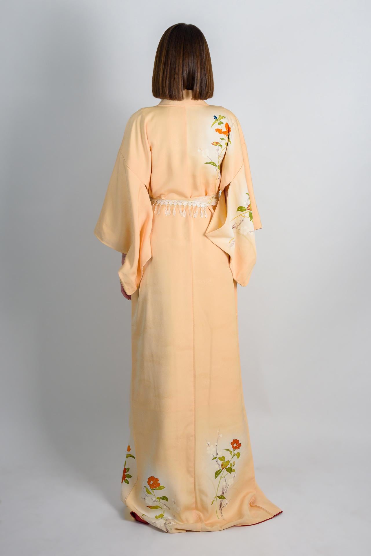 Handmade Silk Kimono Robe: Peach Floral Duster, Japanese Geisha Style