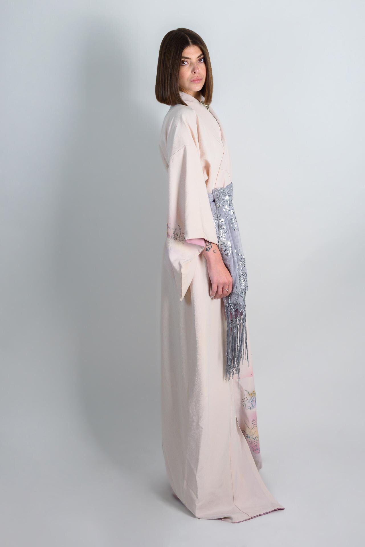 Silk Kimono Robe: Hand-Painted Japanese Landscape, Pastel Ethereal Style