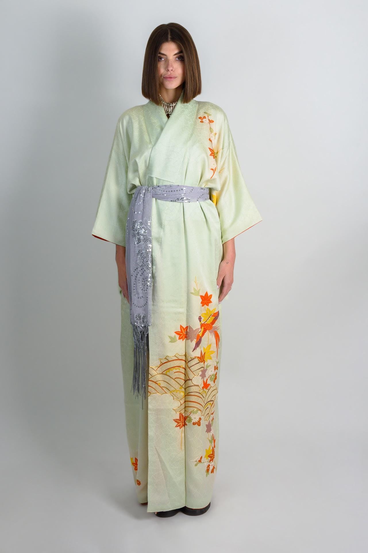 Handmade Silk Kimono | Embroidered Phoenix & Maple Leaf, Celadon Green
