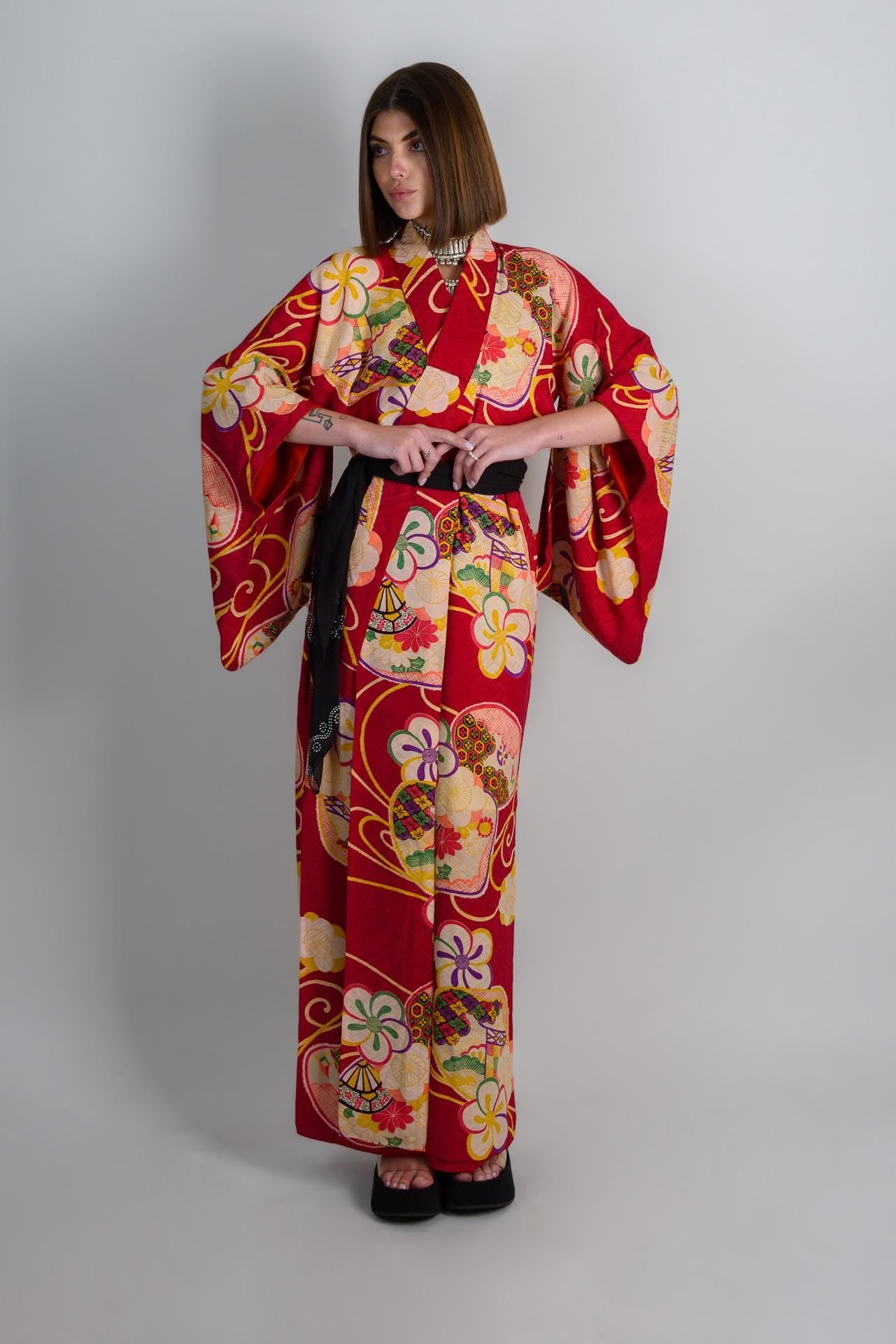 Handmade Silk Kimono: Crimson Floral Print, Japanese Boho Robe