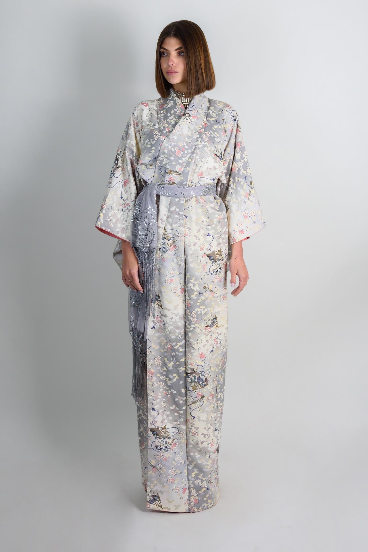 Handmade Silk Kimono | Floral Carriage Motif, Silver Gray Japanese Robe