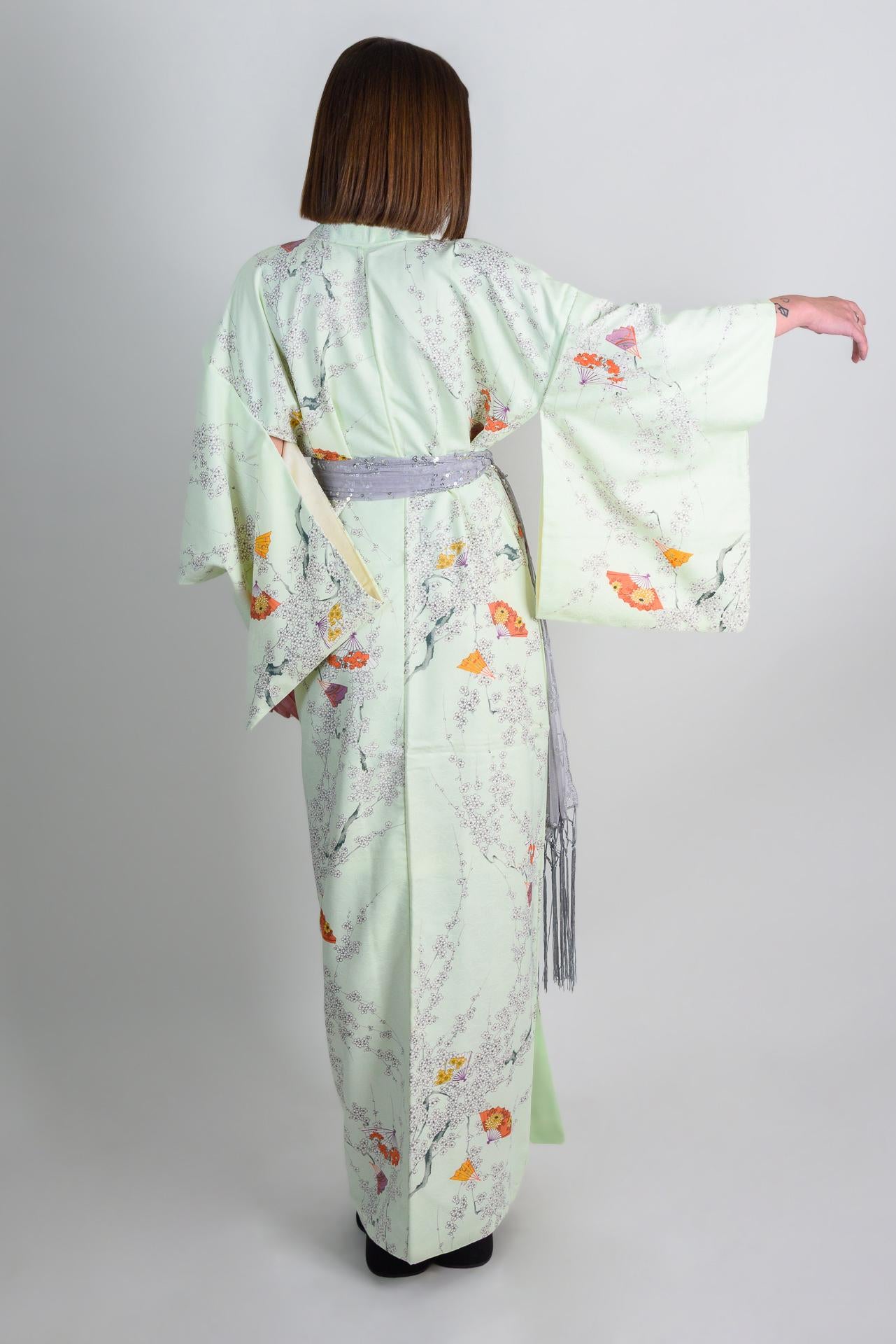 Mint Blossom Silk Kimono: Handmade Japanese Robe with Plum Blossom