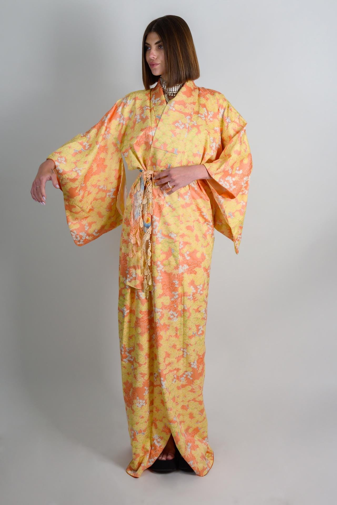 Handmade Silk Kimono Robe: Sunset Chrysanthemum Japanese Fashion