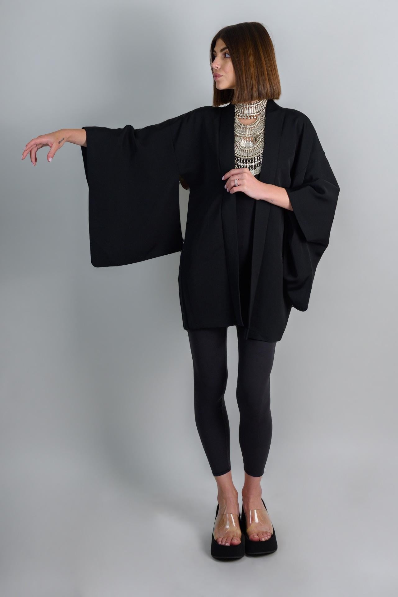 Black Silk Haori Kimono | Embroidered Dancing Fans, Japanese Jacket