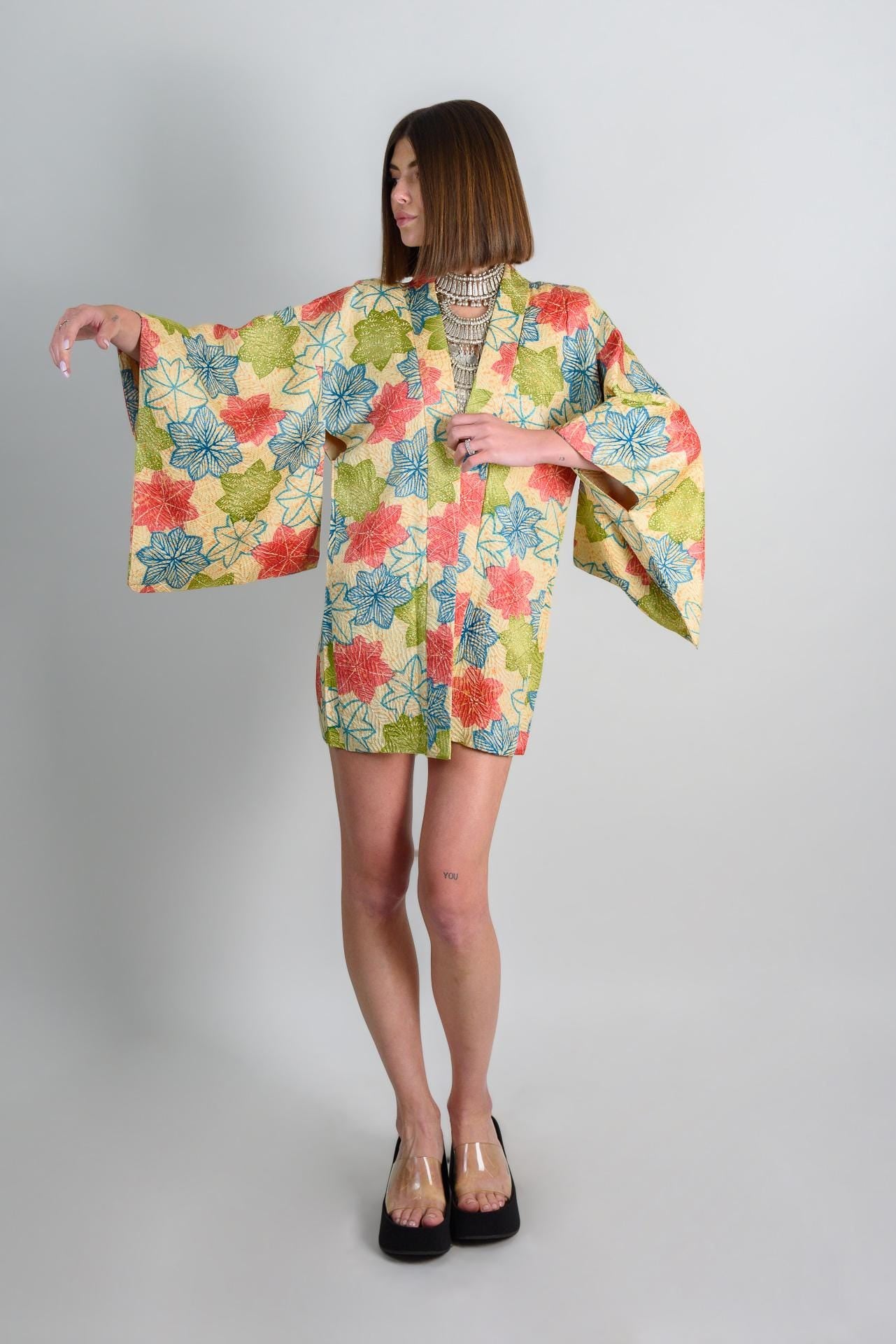 Silk Haori Kimono: Japanese Maple Leaf Print, Boho Festival Robe
