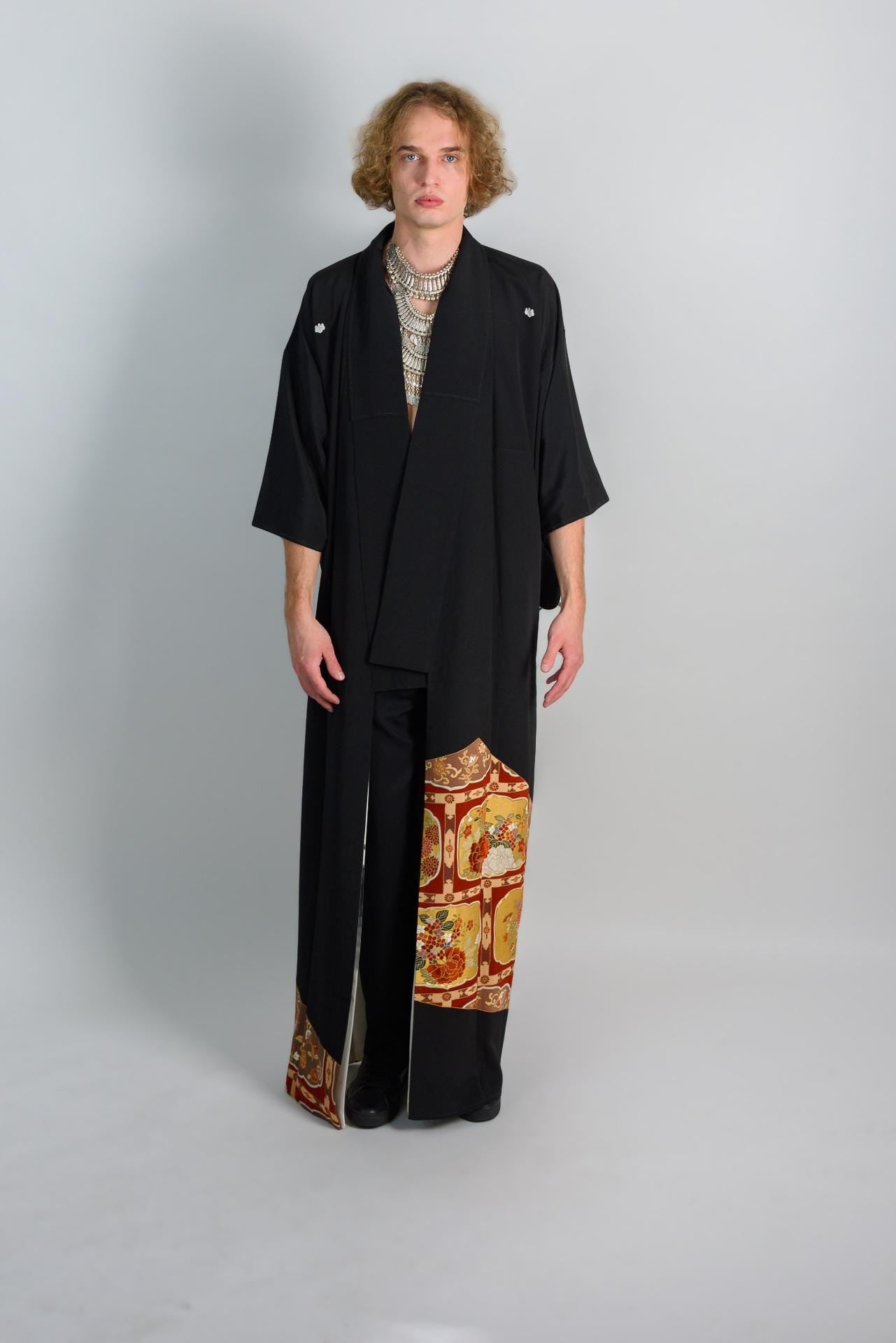 Mens Black Kimono Robe | Handmade Japanese Montsuki with Crests