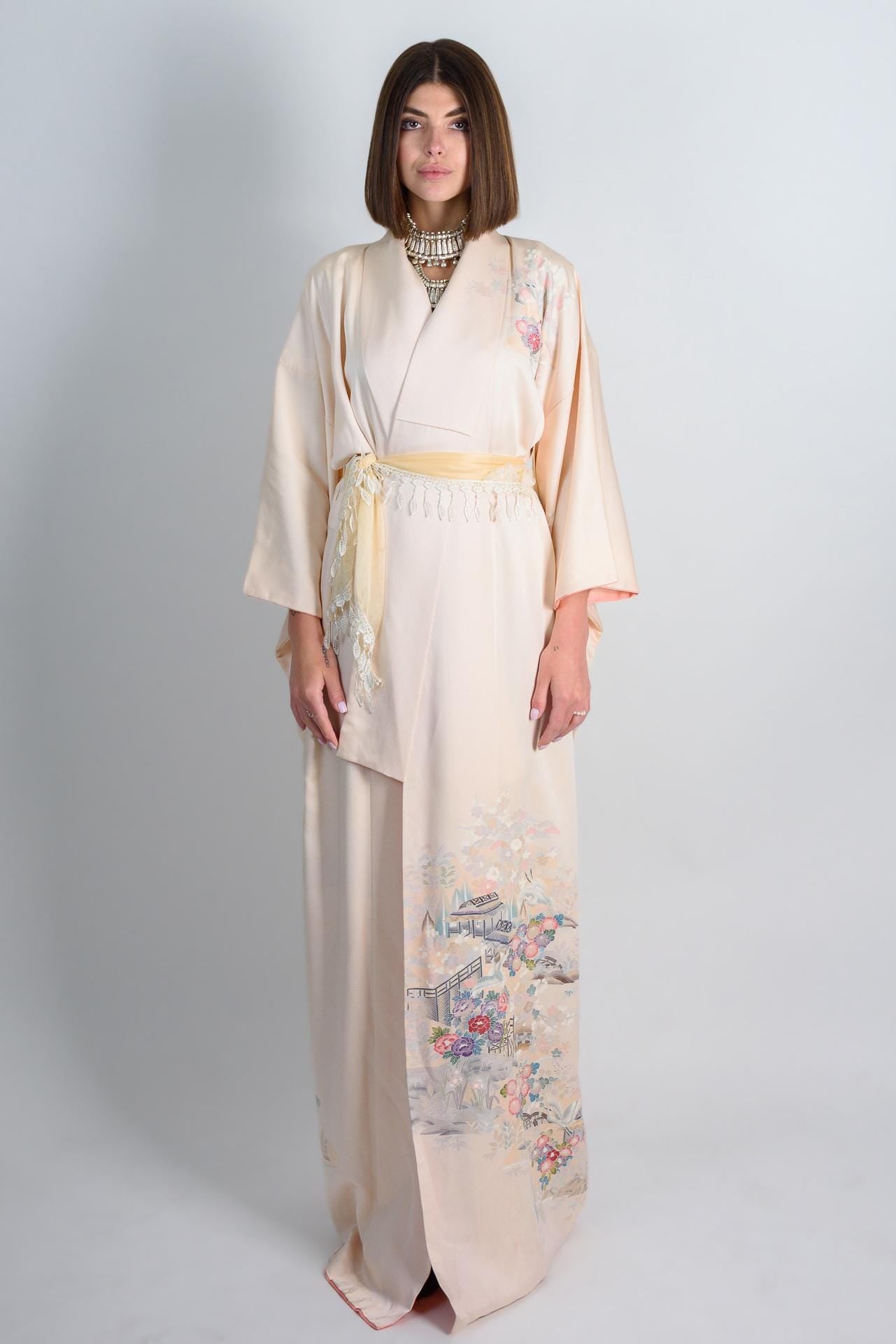 Handmade Silk Kimono | Pastel Japanese Landscape Art