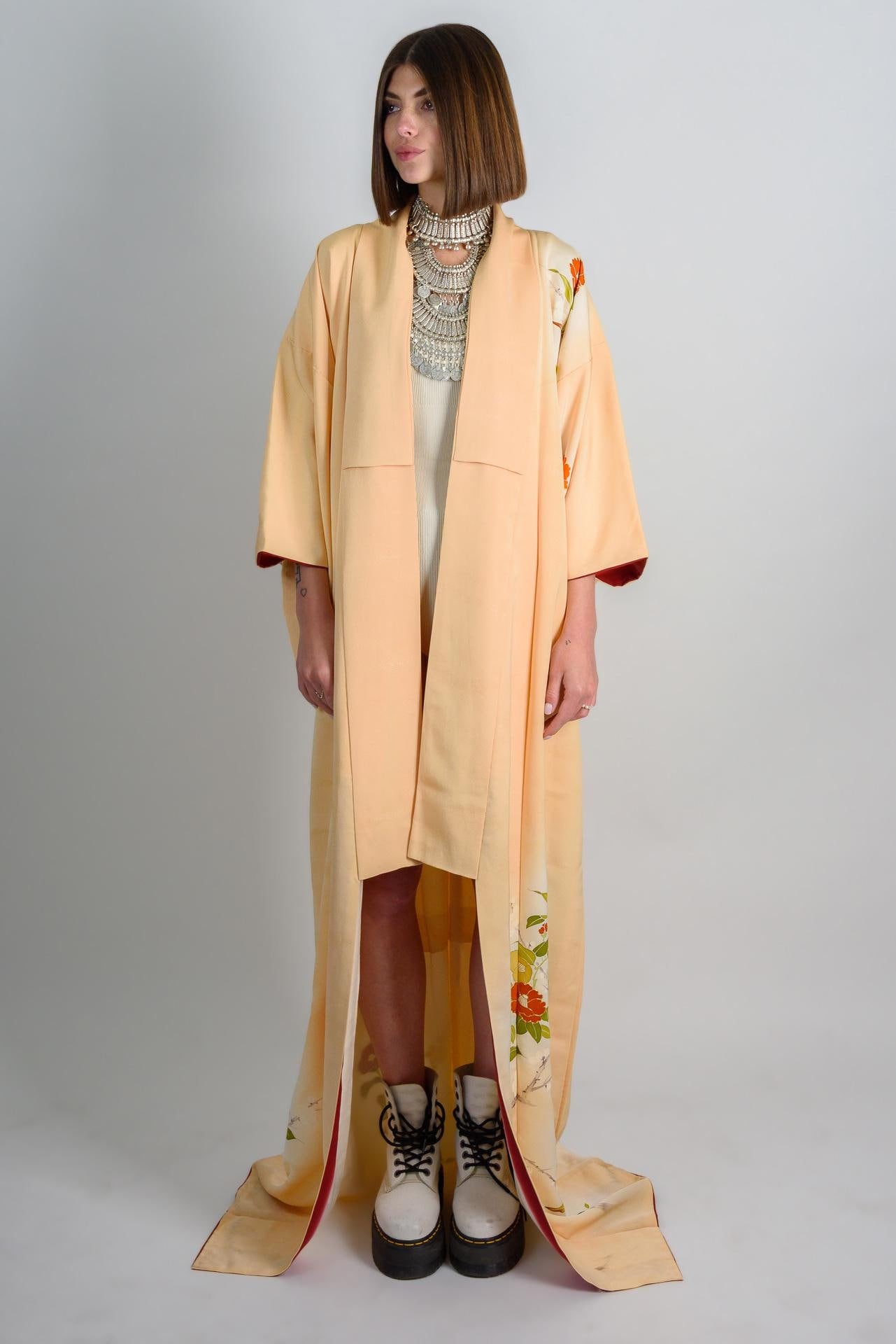 Handmade Silk Kimono Robe: Peach Floral Duster, Japanese Geisha Style