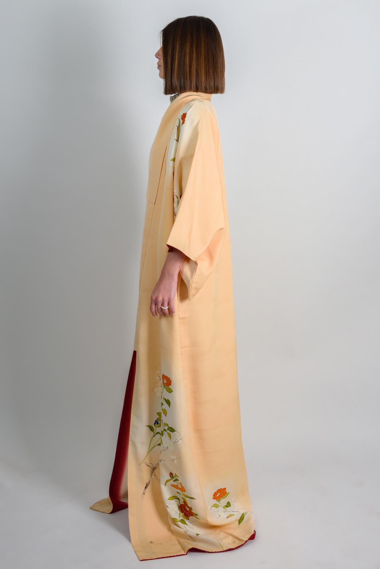 Handmade Silk Kimono Robe: Peach Floral Duster, Japanese Geisha Style