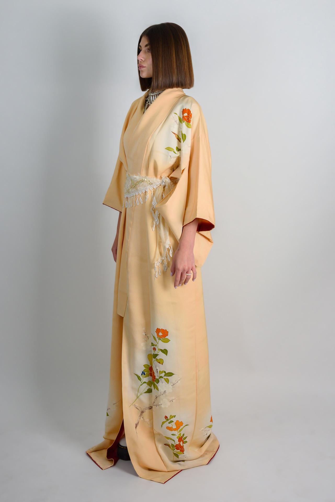 Handmade Silk Kimono Robe: Peach Floral Duster, Japanese Geisha Style