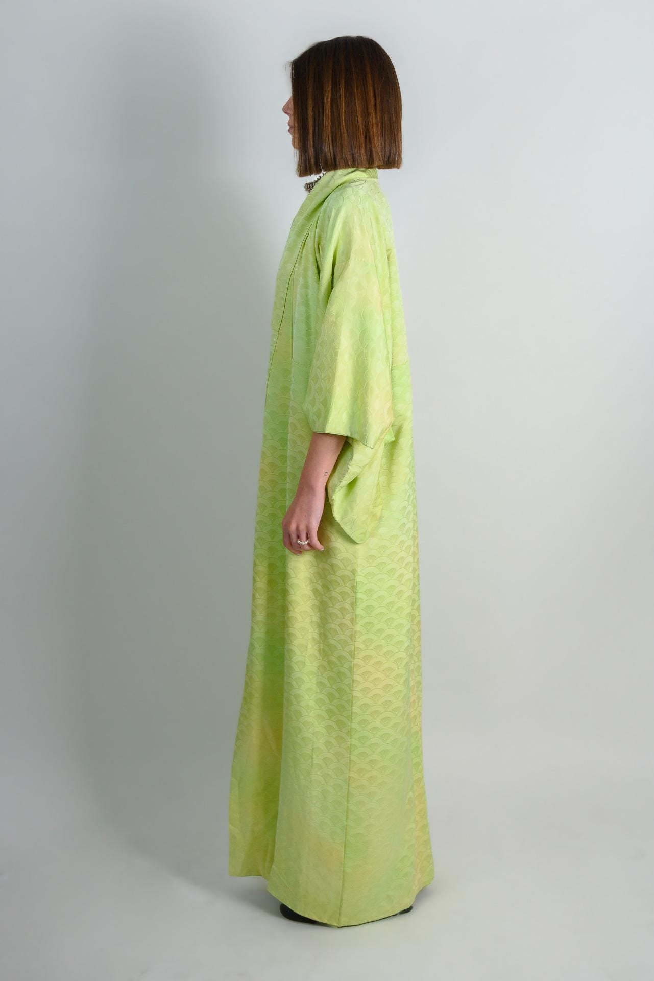 Handmade Silk Kimono Robe | Lime Green Wave Print, Japanese Boho Fashion