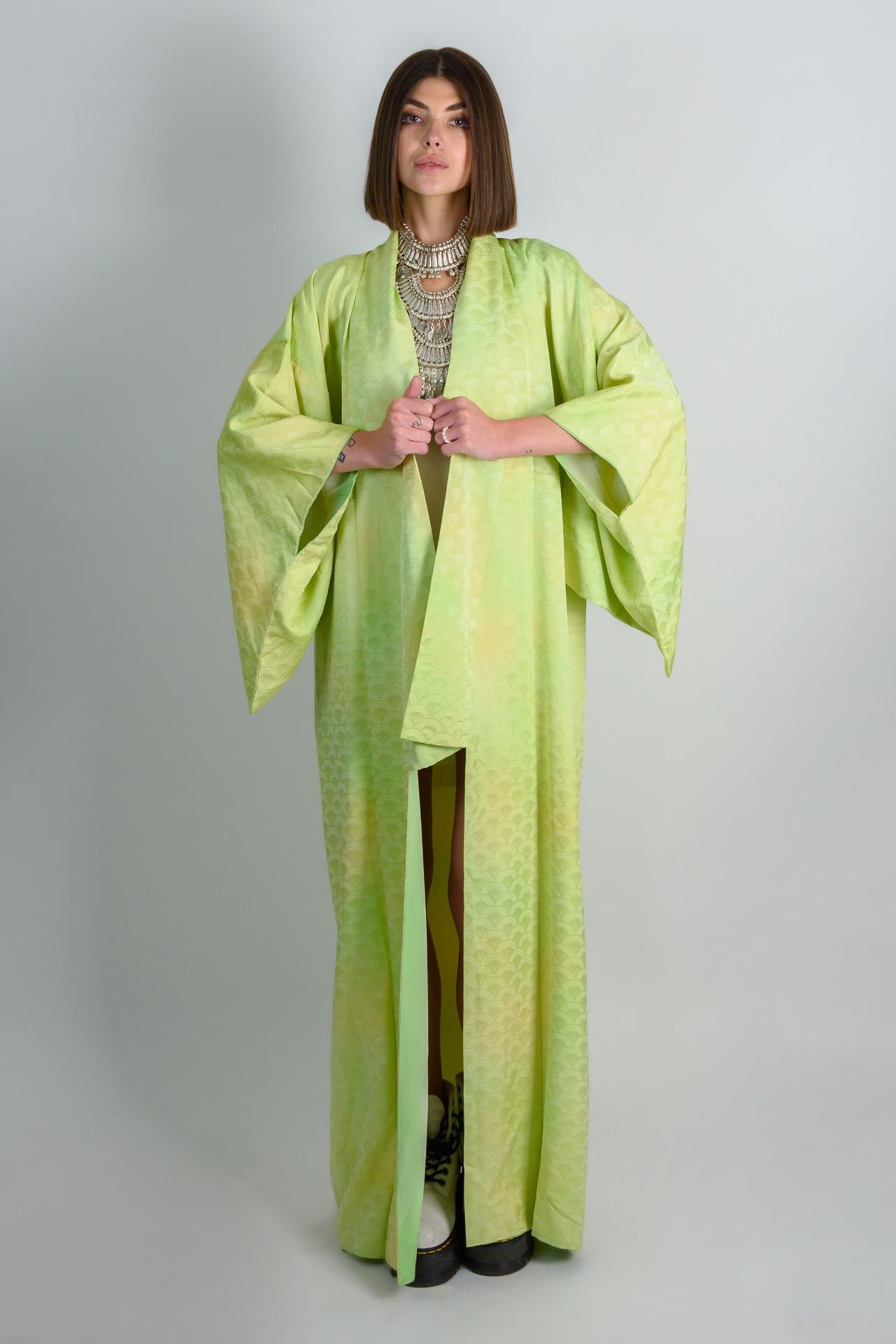 Handmade Silk Kimono Robe | Lime Green Wave Print, Japanese Boho Fashion