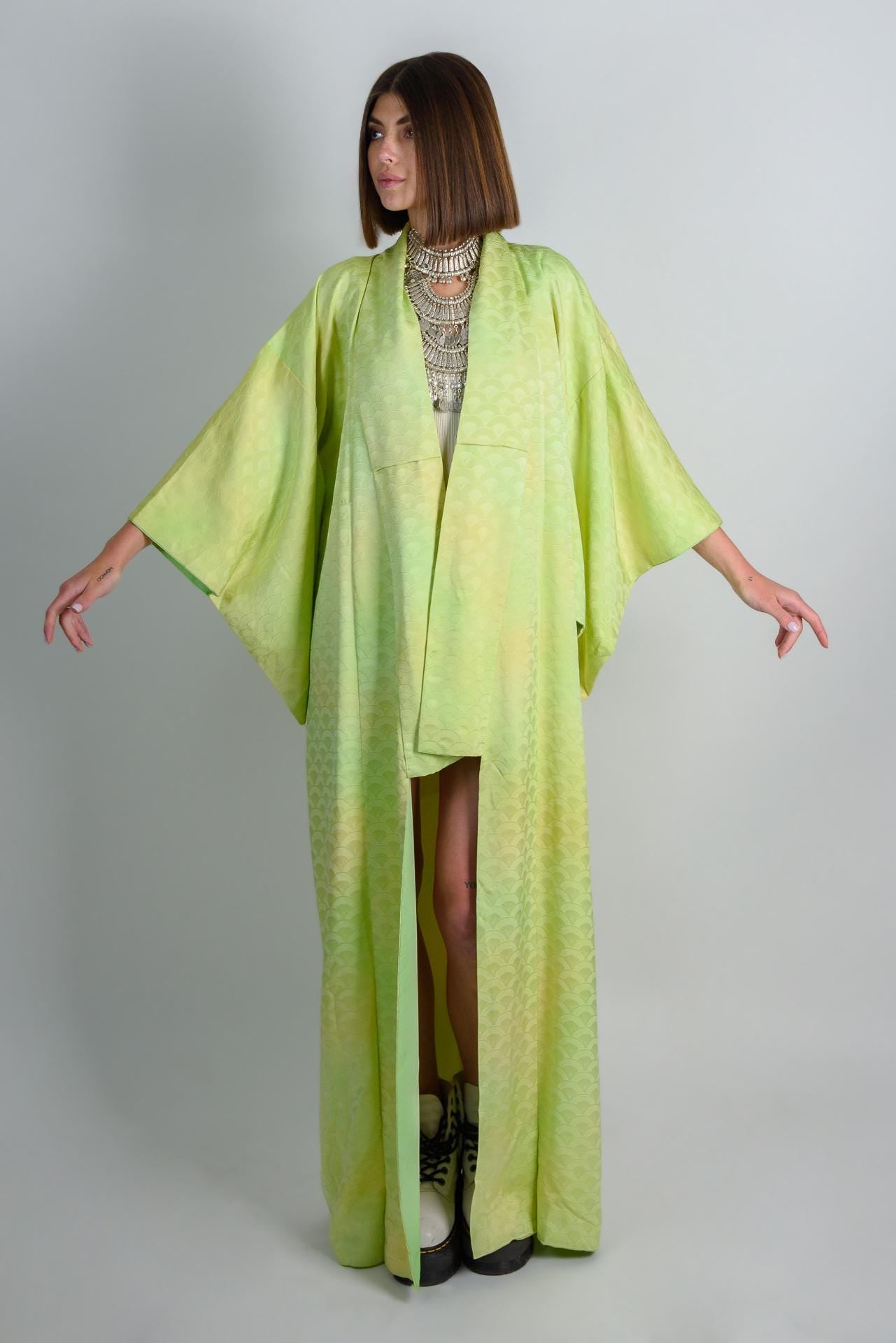 Handmade Silk Kimono Robe | Lime Green Wave Print, Japanese Boho Fashion