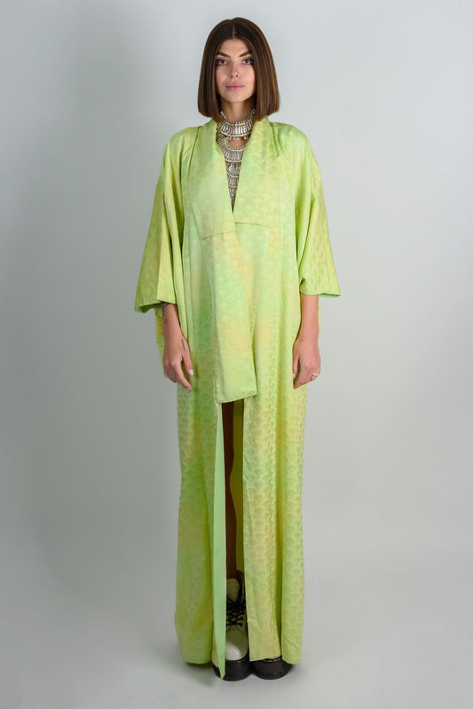 Handmade Silk Kimono Robe | Lime Green Wave Print, Japanese Boho Fashion