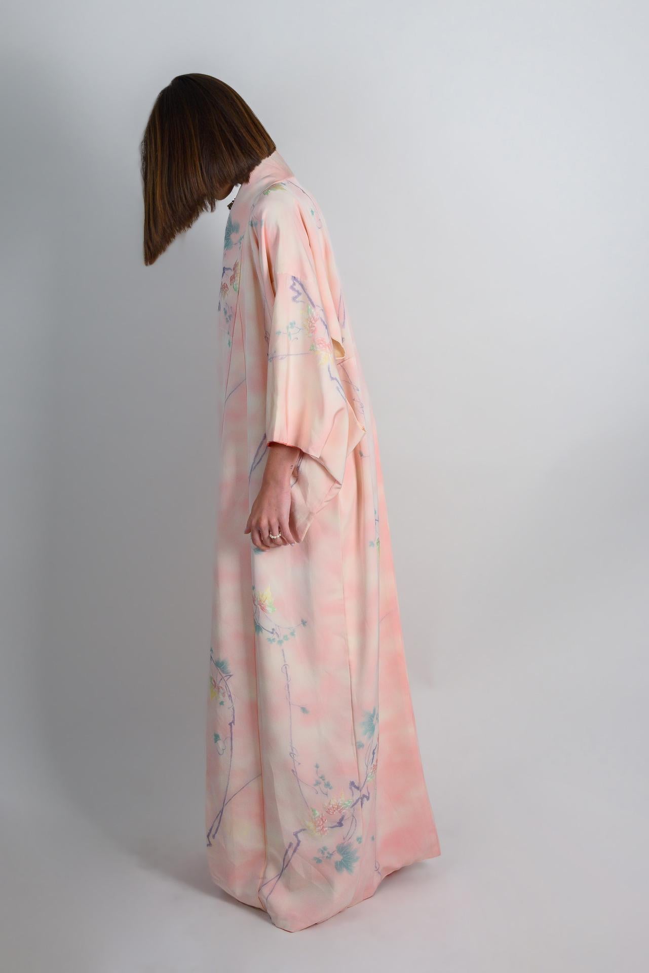 Handmade Silk Kimono Robe | Pastel Floral, Japanese Style
