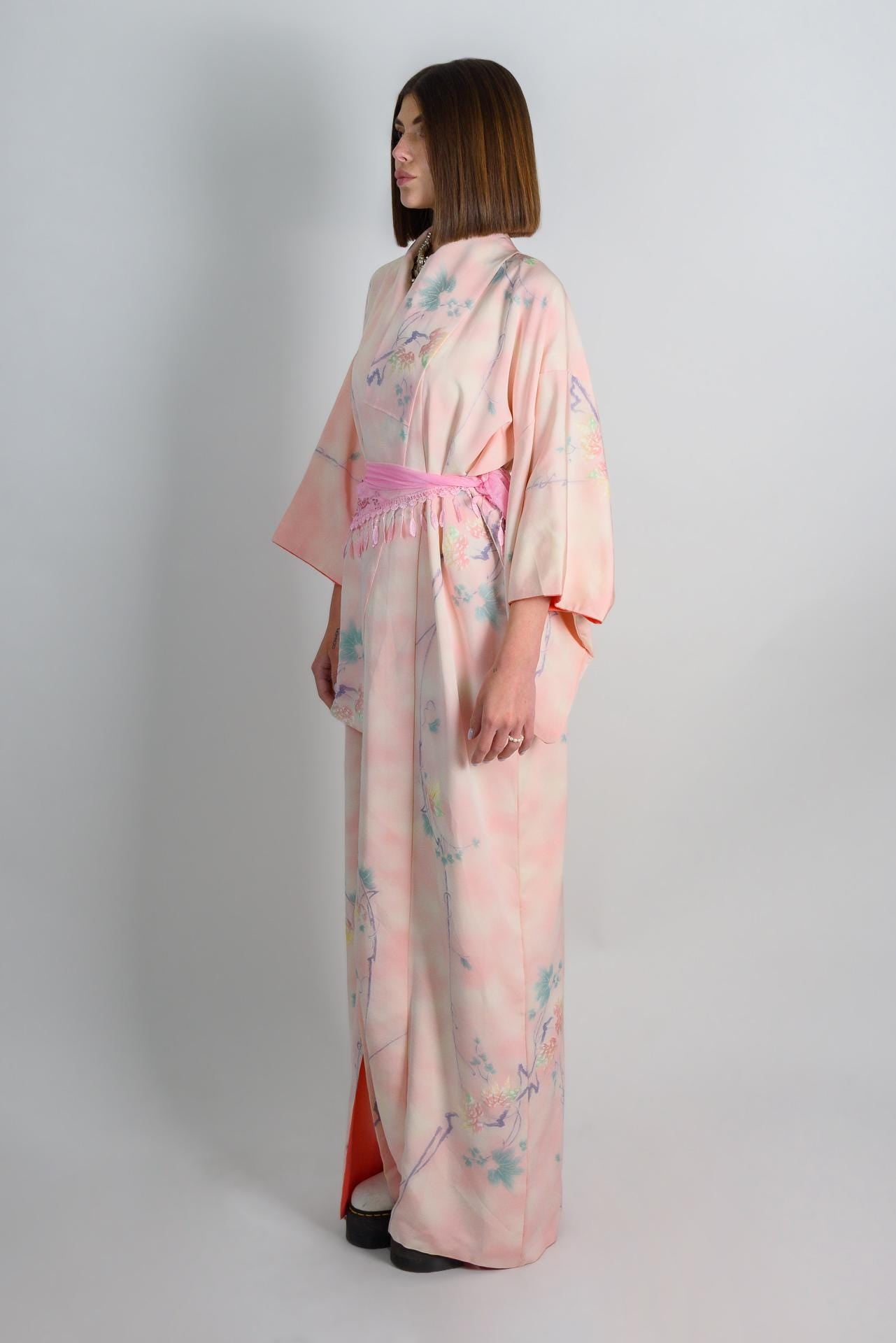 Handmade Silk Kimono Robe | Pastel Floral, Japanese Style