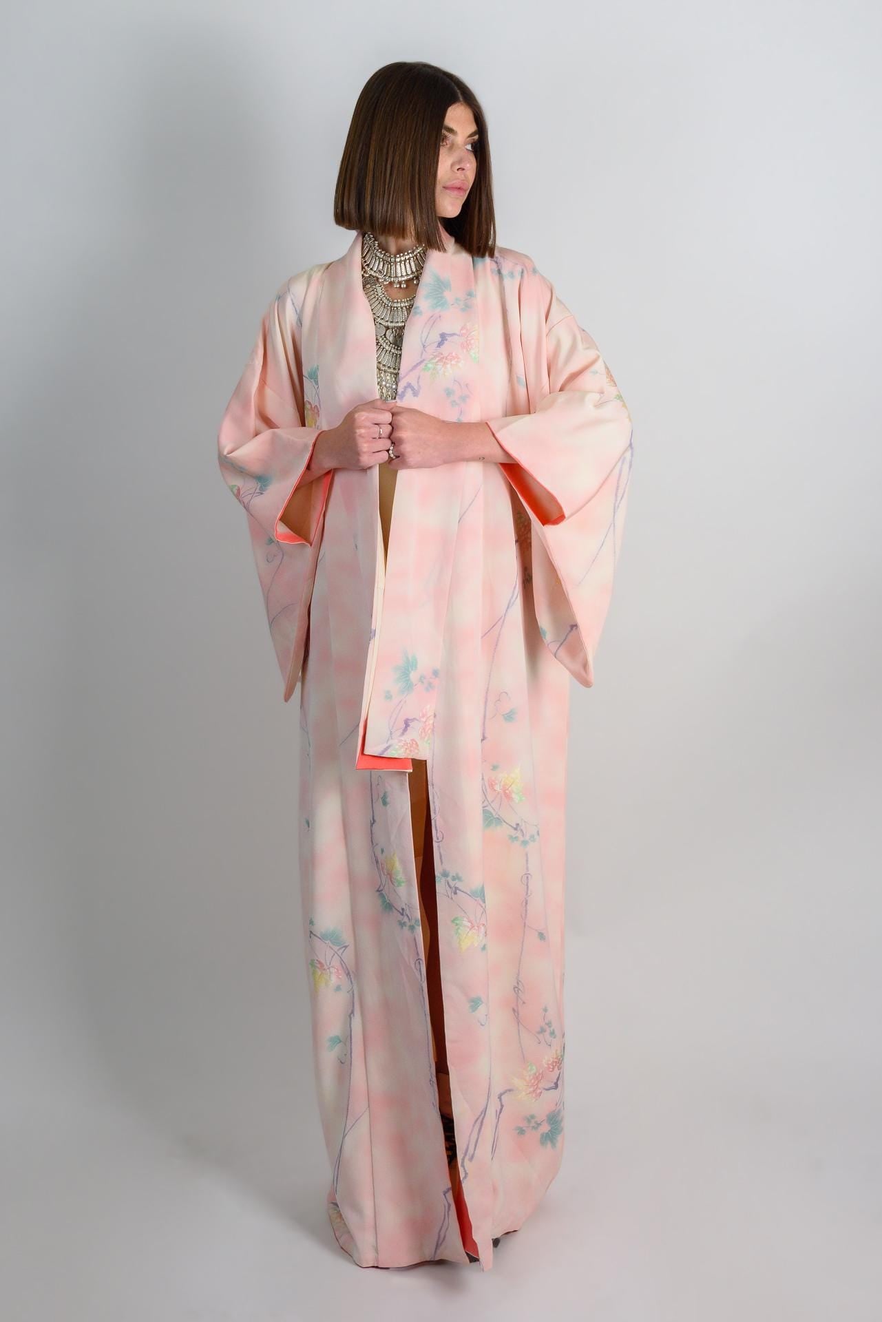 Handmade Silk Kimono Robe | Pastel Floral, Japanese Style