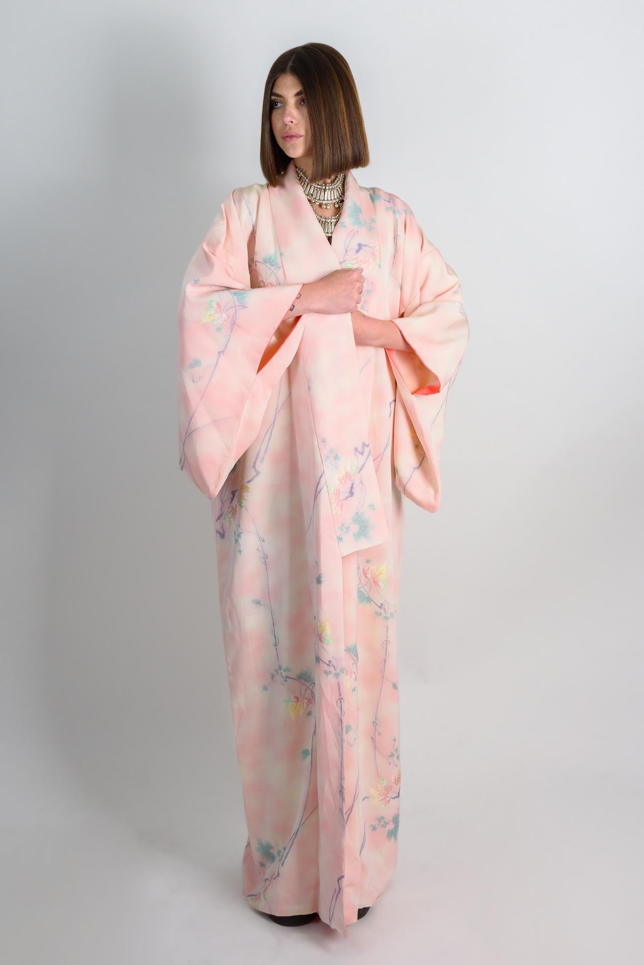 Handmade Silk Kimono Robe | Pastel Floral, Japanese Style