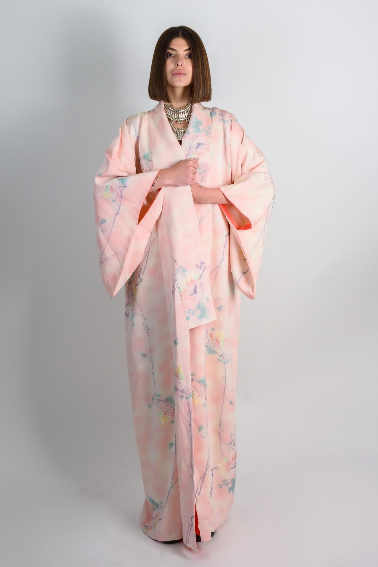 Handmade Silk Kimono Robe | Pastel Floral, Japanese Style