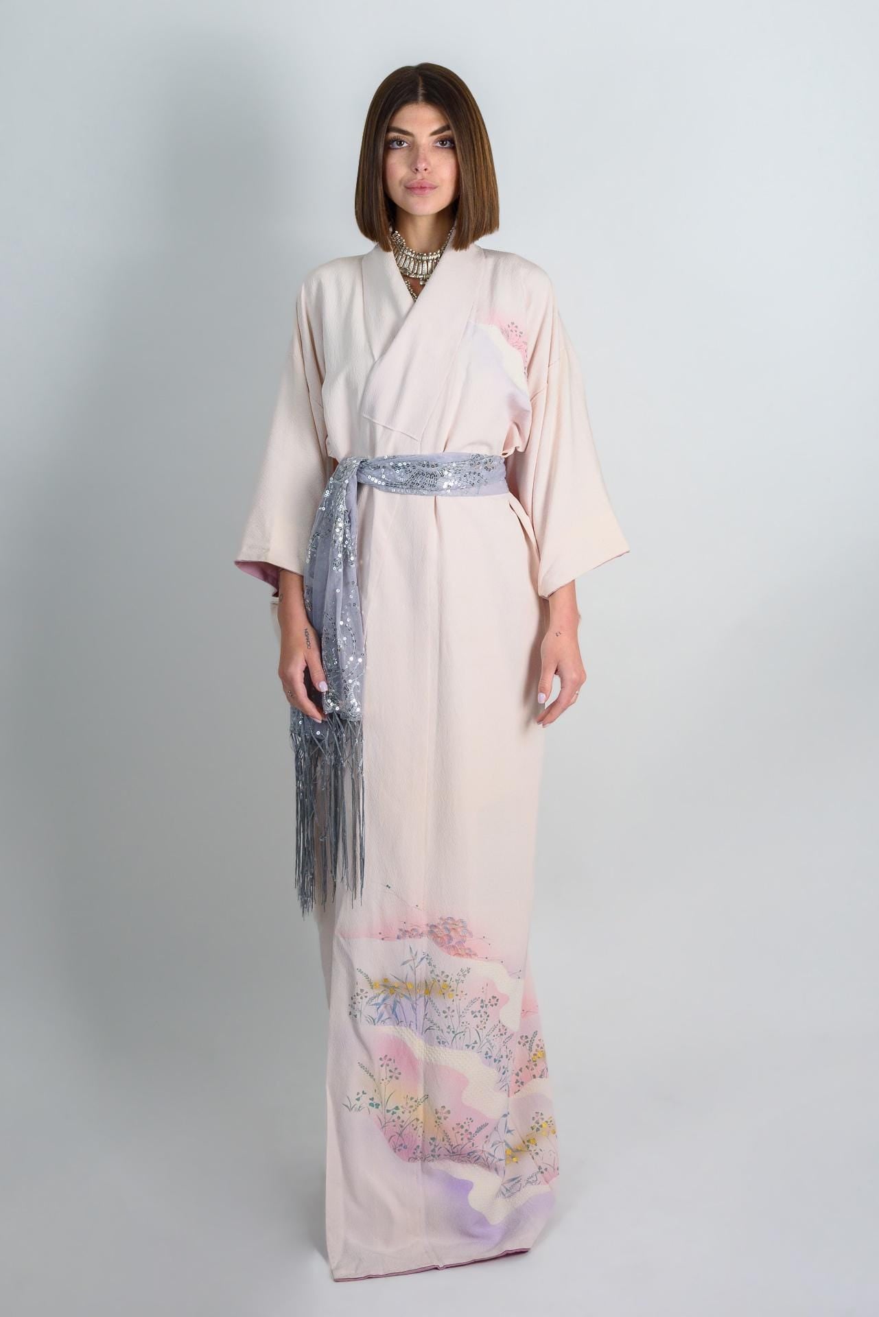Silk Kimono Robe: Hand-Painted Japanese Landscape, Pastel Ethereal Style