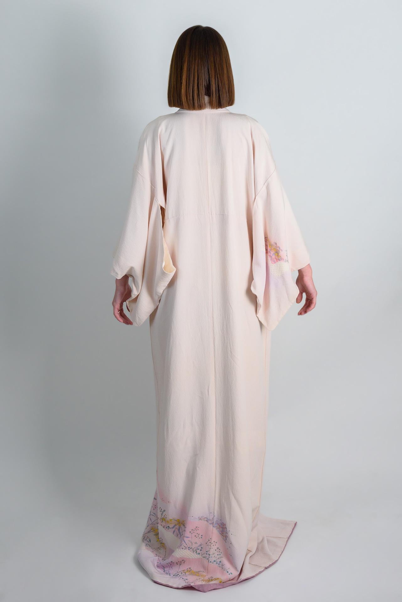 Silk Kimono Robe: Hand-Painted Japanese Landscape, Pastel Ethereal Style