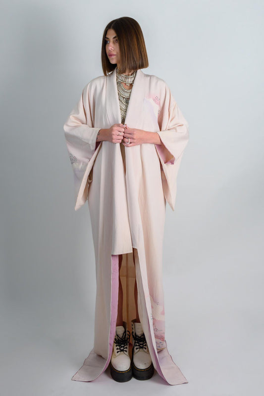 Silk Kimono Robe: Hand-Painted Japanese Landscape, Pastel Ethereal Style