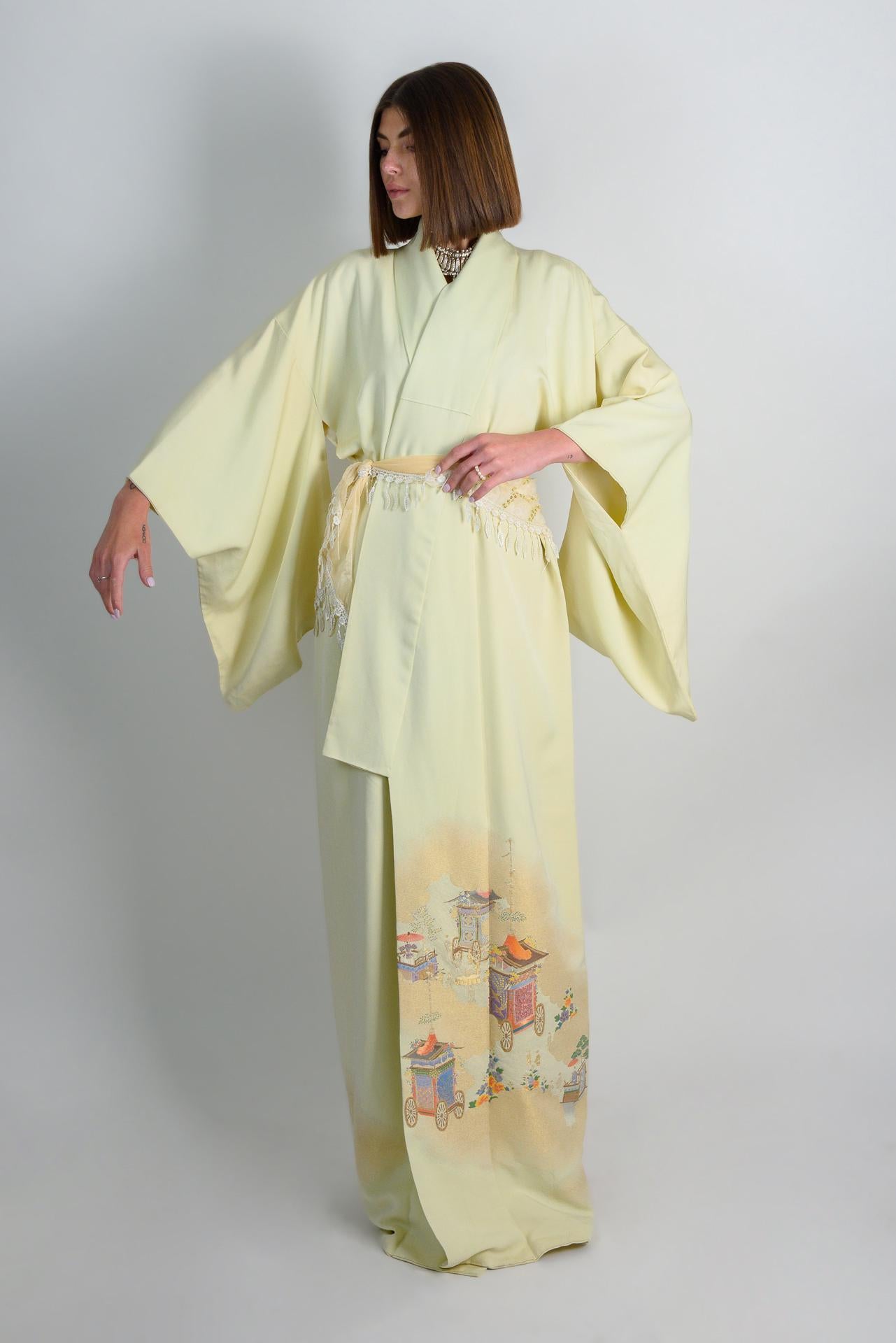 Handmade Silk Kimono Robe: Japanese Festival Carriage Design