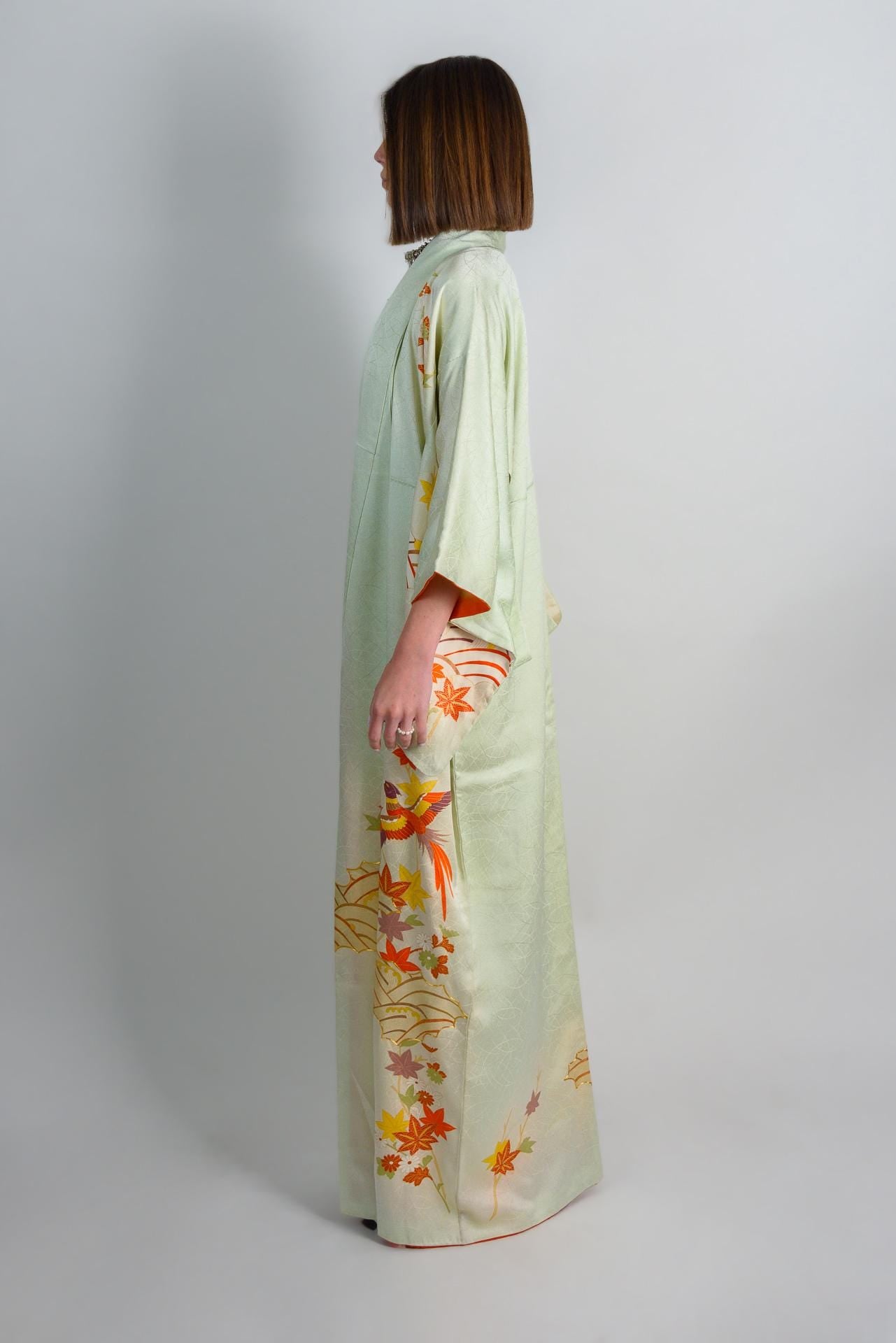 Handmade Silk Kimono | Embroidered Phoenix & Maple Leaf, Celadon Green