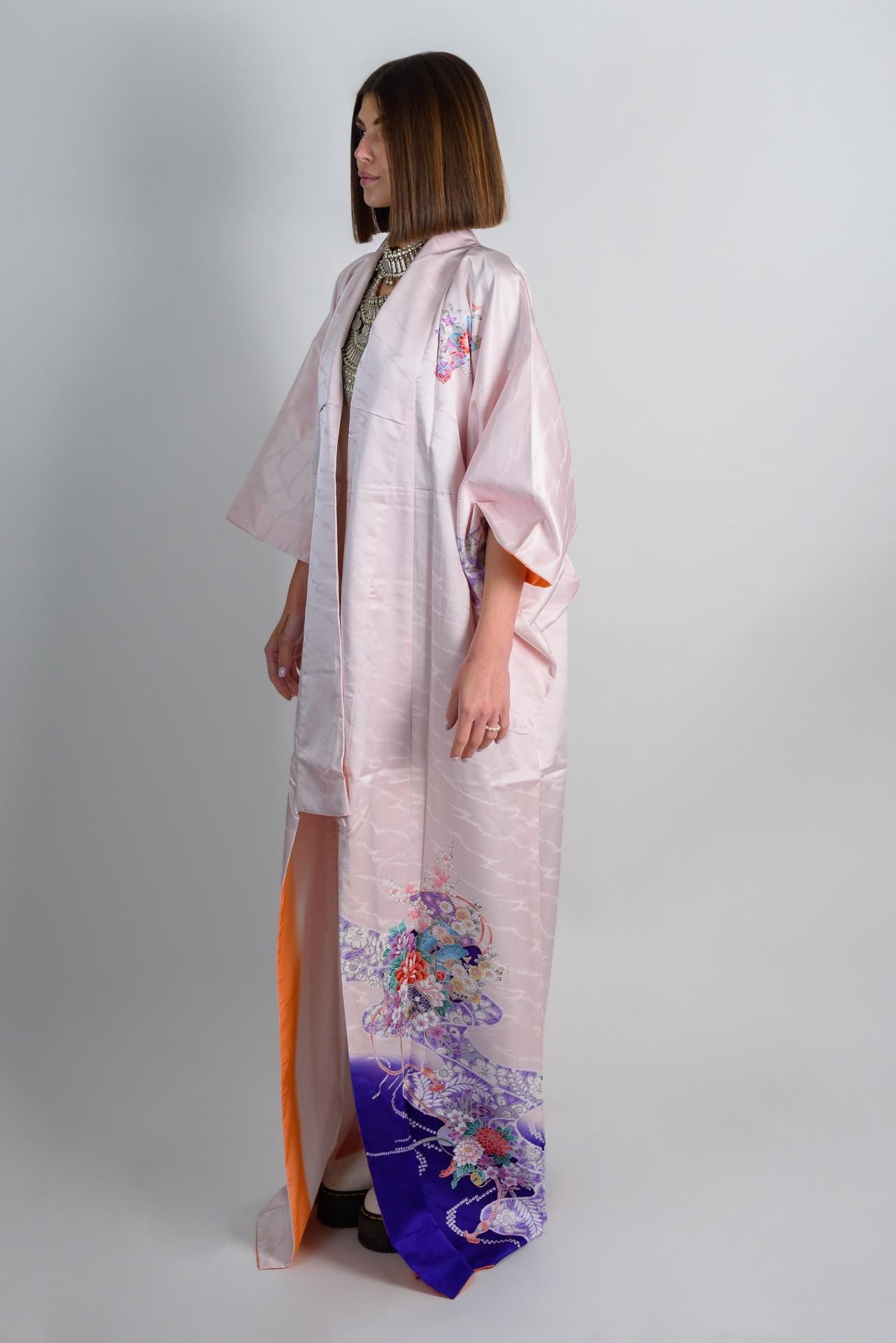 Handmade Silk Kimono Robe: Royal Bloom Storm, Japanese Fashion