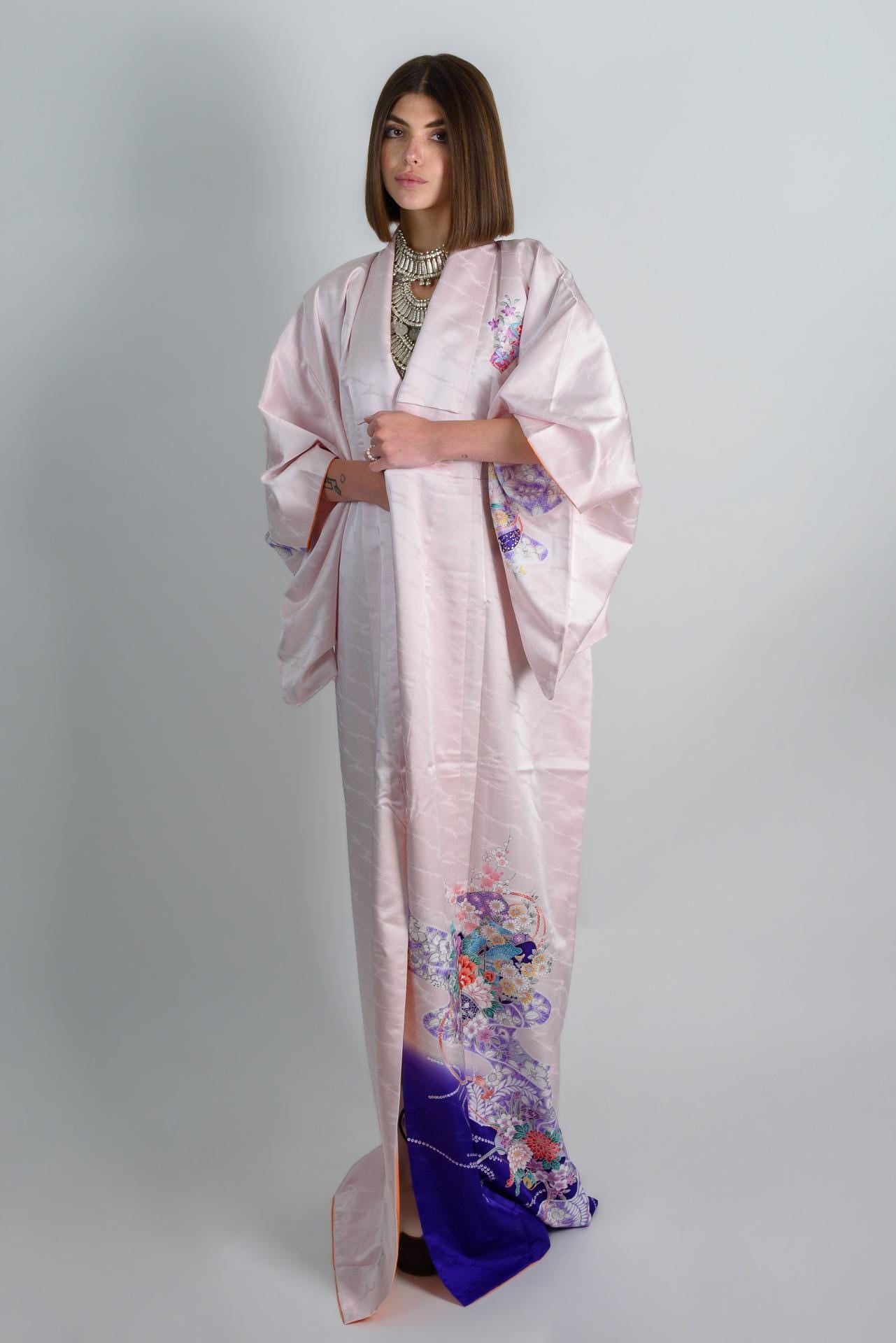 Handmade Silk Kimono Robe: Royal Bloom Storm, Japanese Fashion