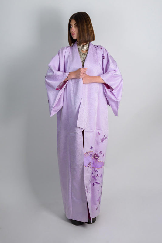 Handmade Silk Kimono Robe: Lavender Dream Cloud Design, Japanese Fashion