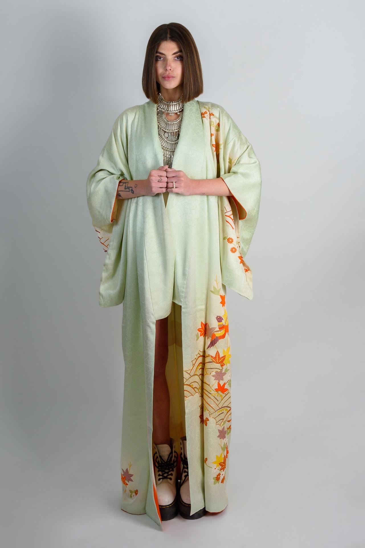 Handmade Silk Kimono | Embroidered Phoenix & Maple Leaf, Celadon Green