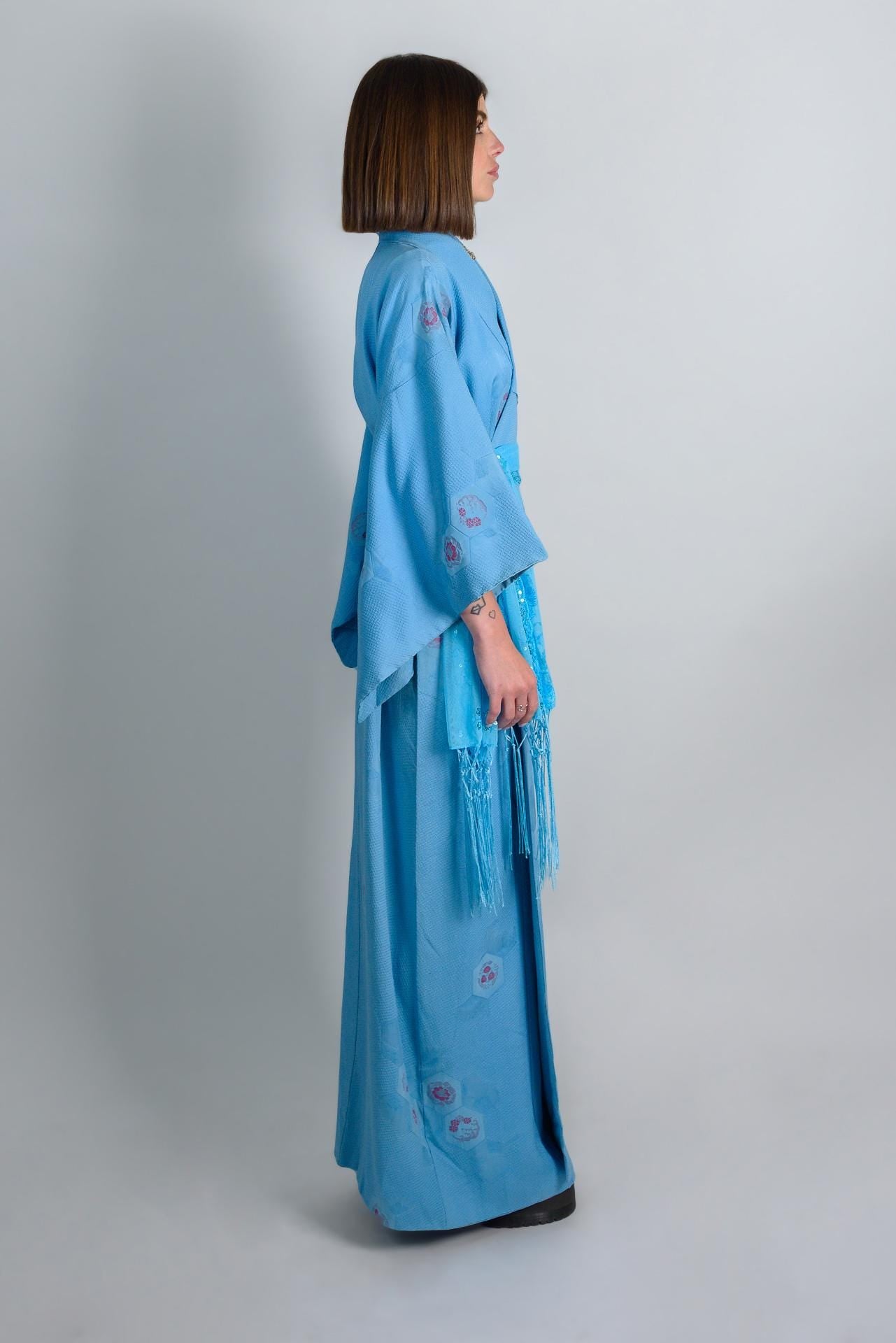 Handmade Silk Kimono Robe: Japanese Temari Design, Sky Blue