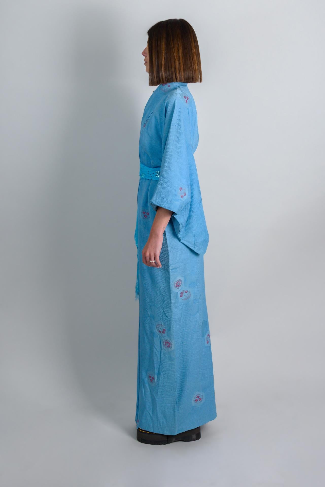 Handmade Silk Kimono Robe: Japanese Temari Design, Sky Blue