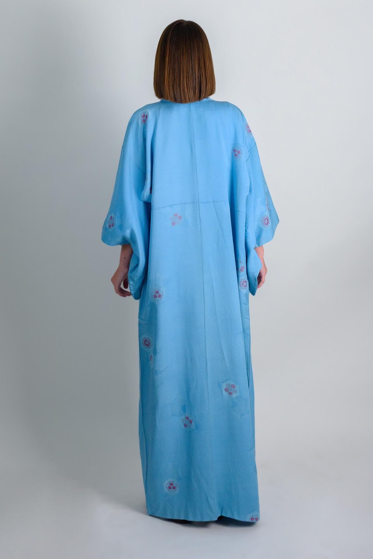 Handmade Silk Kimono Robe: Japanese Temari Design, Sky Blue