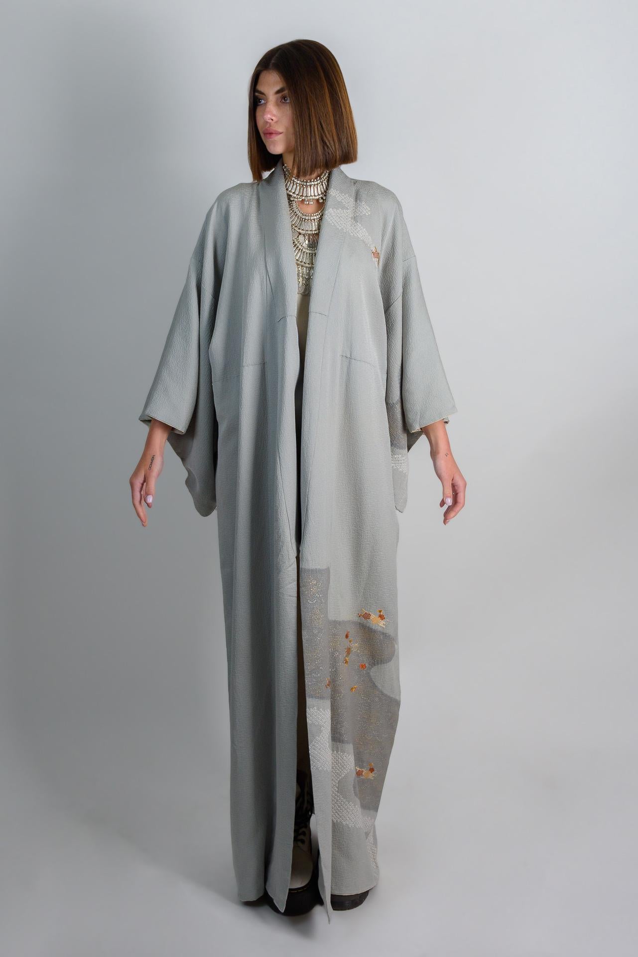 Handmade Silk Kimono Robe: Japanese Maple Leaf Design