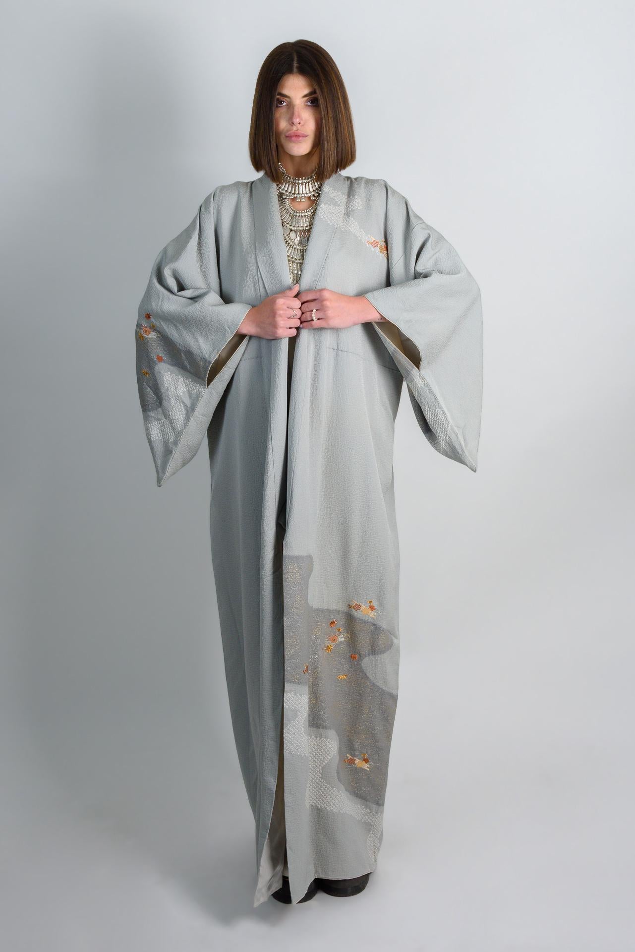 Handmade Silk Kimono Robe: Japanese Maple Leaf Design