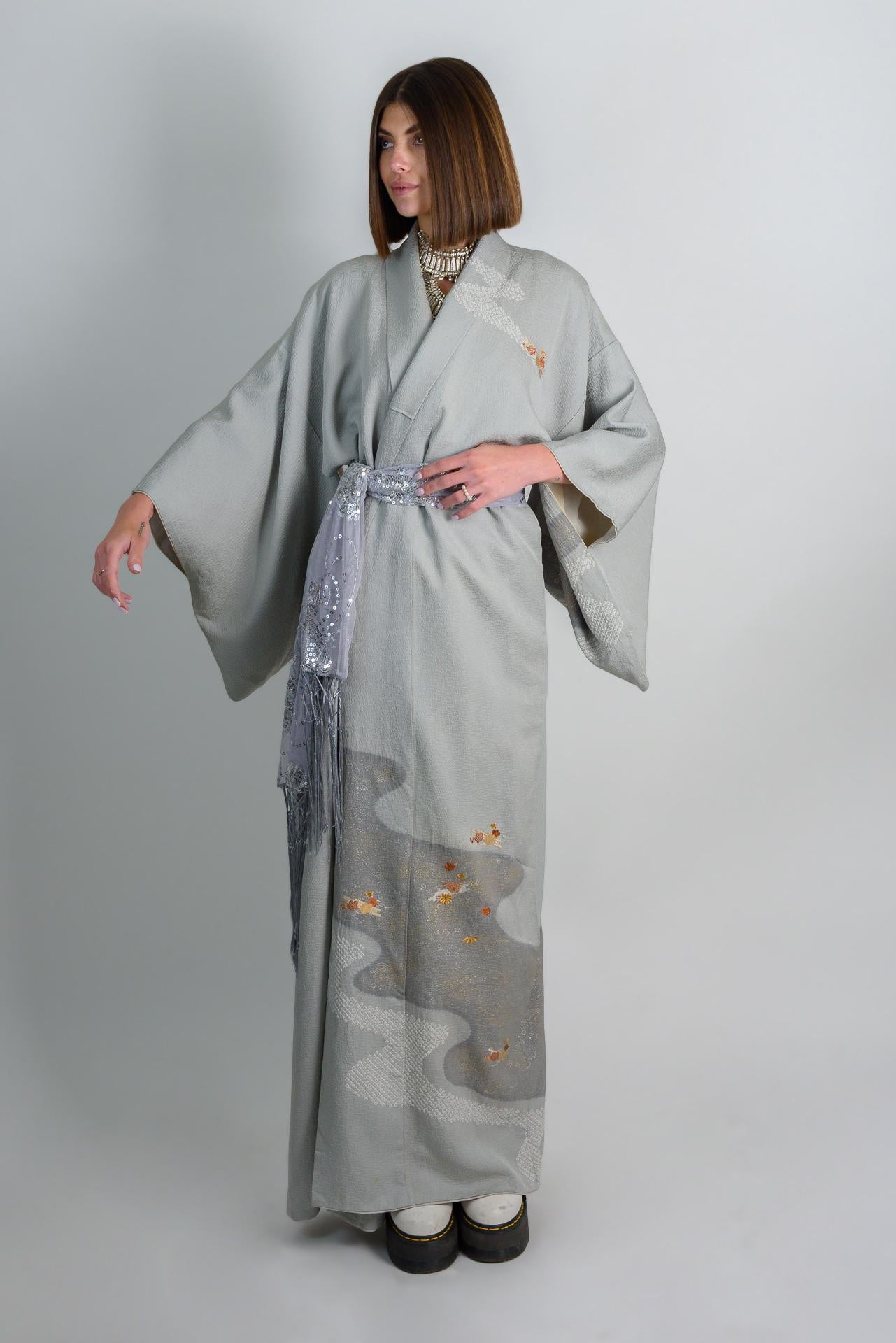 Handmade Silk Kimono Robe: Japanese Maple Leaf Design