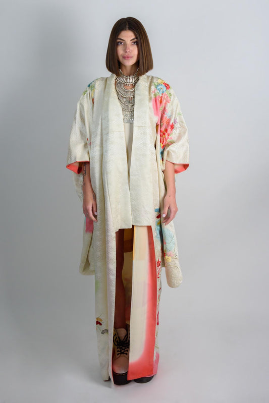 Handmade Silk Kimono Robe: Japanese Floral Jacquard, Bold Colors