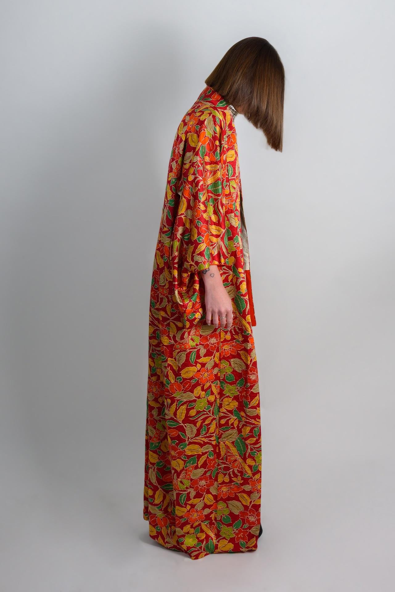 Handmade Silk Kimono: Vibrant Floral Print Boho Robe