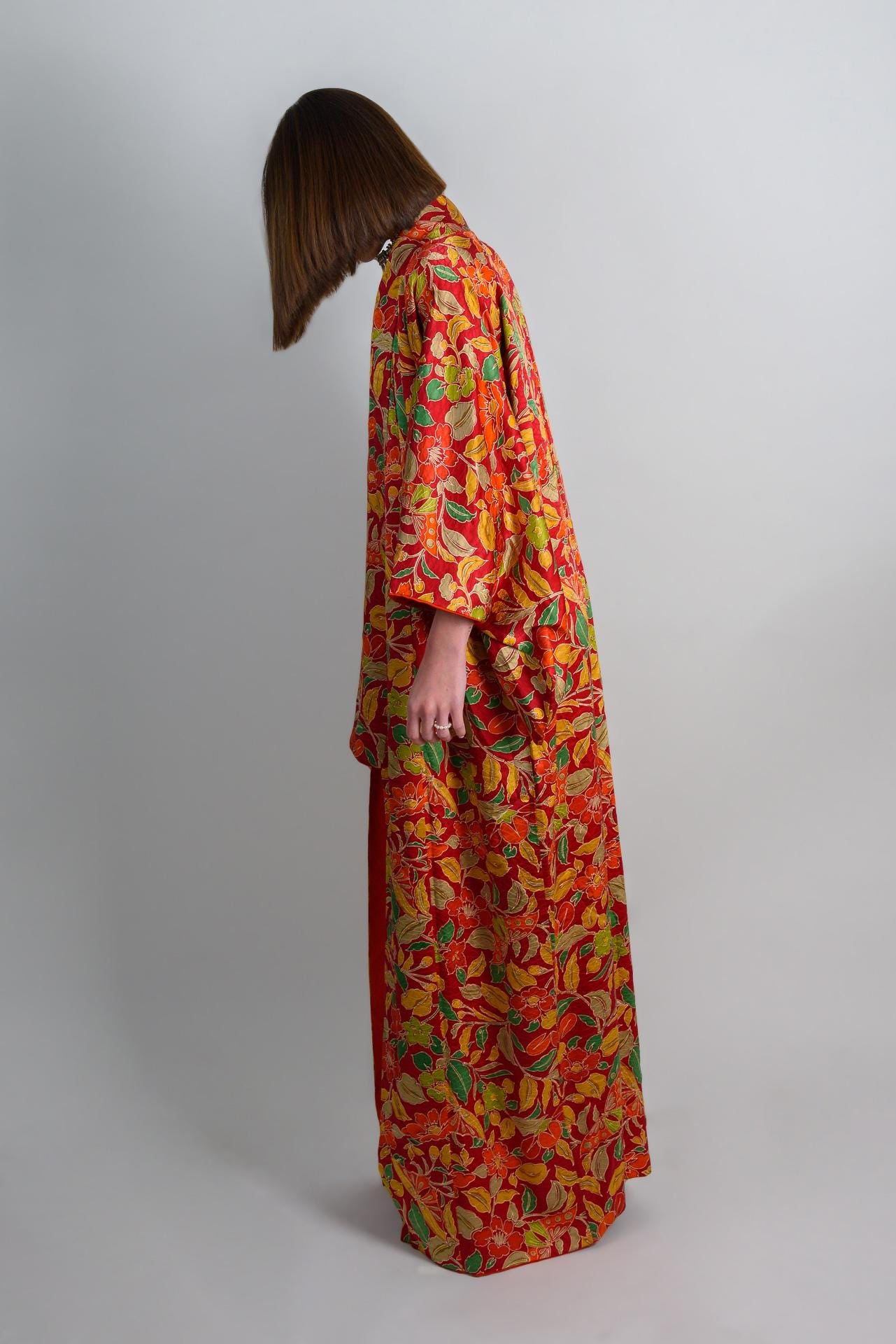 Handmade Silk Kimono: Vibrant Floral Print Boho Robe