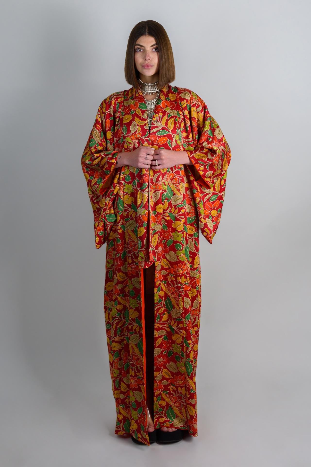 Handmade Silk Kimono: Vibrant Floral Print Boho Robe